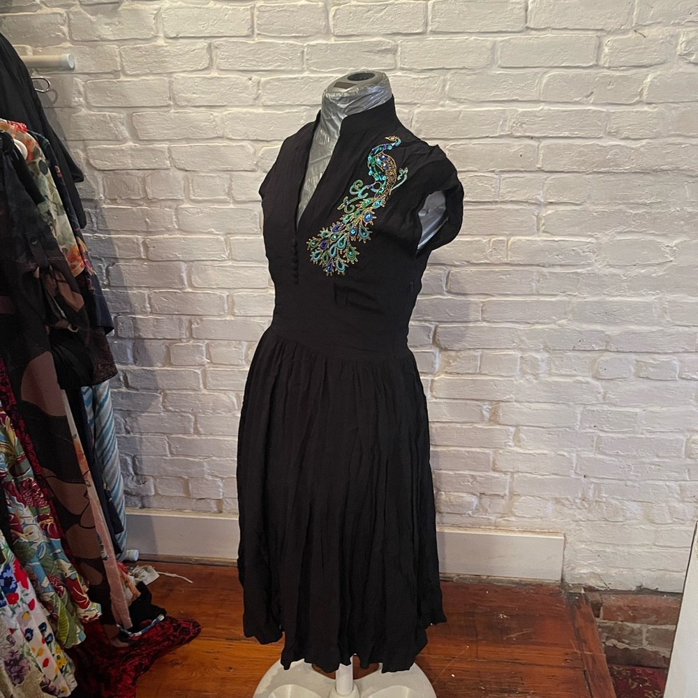 Trashy Diva Maria Day dress, Peacock, in black crepe de chine